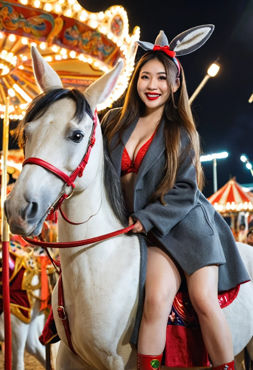 Full body nude. bright tone photo, beautiful japanese girl, 25 years old ,super model,cute face,full make up ,laughing ,big brown eyes,long curl brown hair, high nose , medium breast , slender body ,170 cm tall, absolutely nake,nude, standing near merry go round horse,turn body toward the viewer