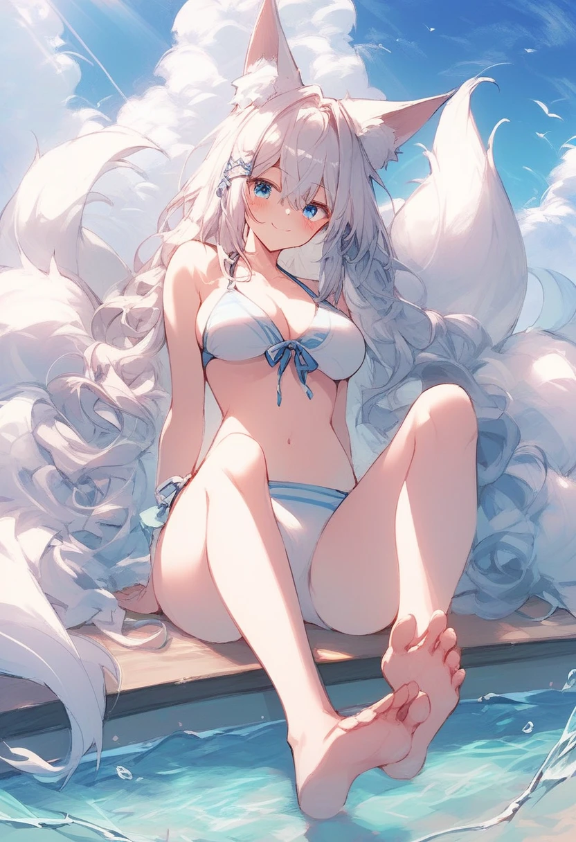 score_9,score_8,score_7,score_8_up,score_7_up、best quality, masterpiece, fluffonwater, 1girl, animal ear fluff, animal ears, bare shoulders, barefoot, beach, bikini, blue eyes, blue sky, breasts, cloud, day, feet, fox ears, fox girl, fox tail, horizon, kitsune, kyuubi, large tail, long hair, looking at viewer, multiple tails, ocean, outdoors, sitting, blushed, lewd face, red face, sky, soles, solo, swimsuit, tail, water, white bikini, white tail,  background, light and shadow, lighting,