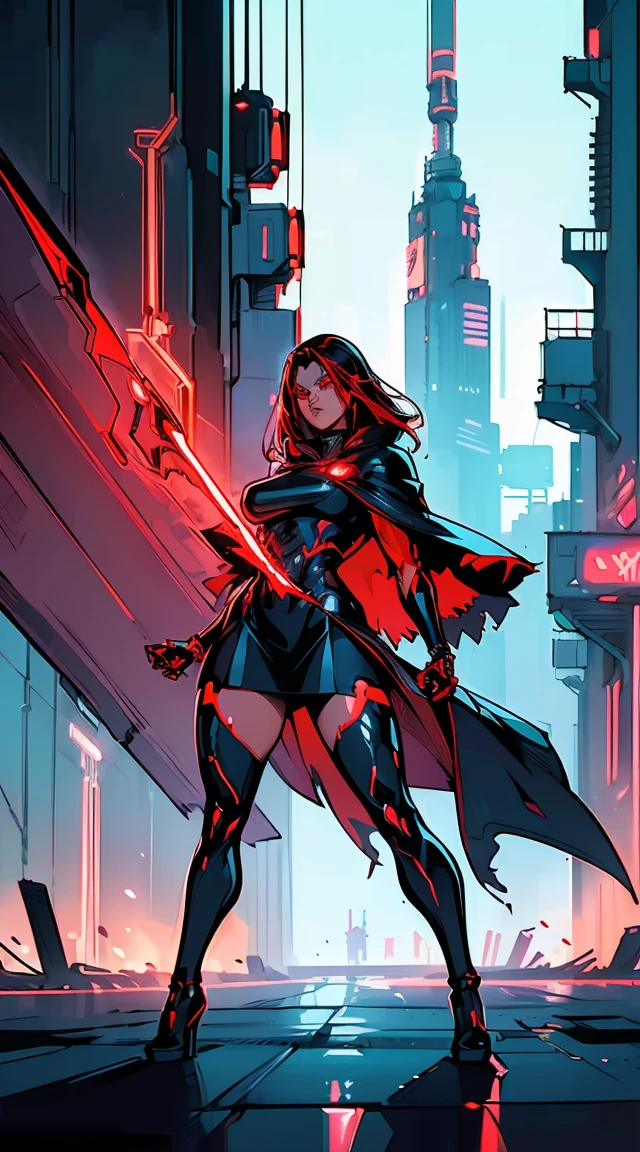 Full body image, (best quality,ultra-detailed,realistic:1.37),woman cyborg,red eyes,evil,anime,huge ,sleek metallic body,expressionless face,glowing circuits,enormous energy blade,mechanical limbs,dystopian city backdrop,neon lights reflection,dark and ominous atmosphere, (Mexican poncho:1.2)