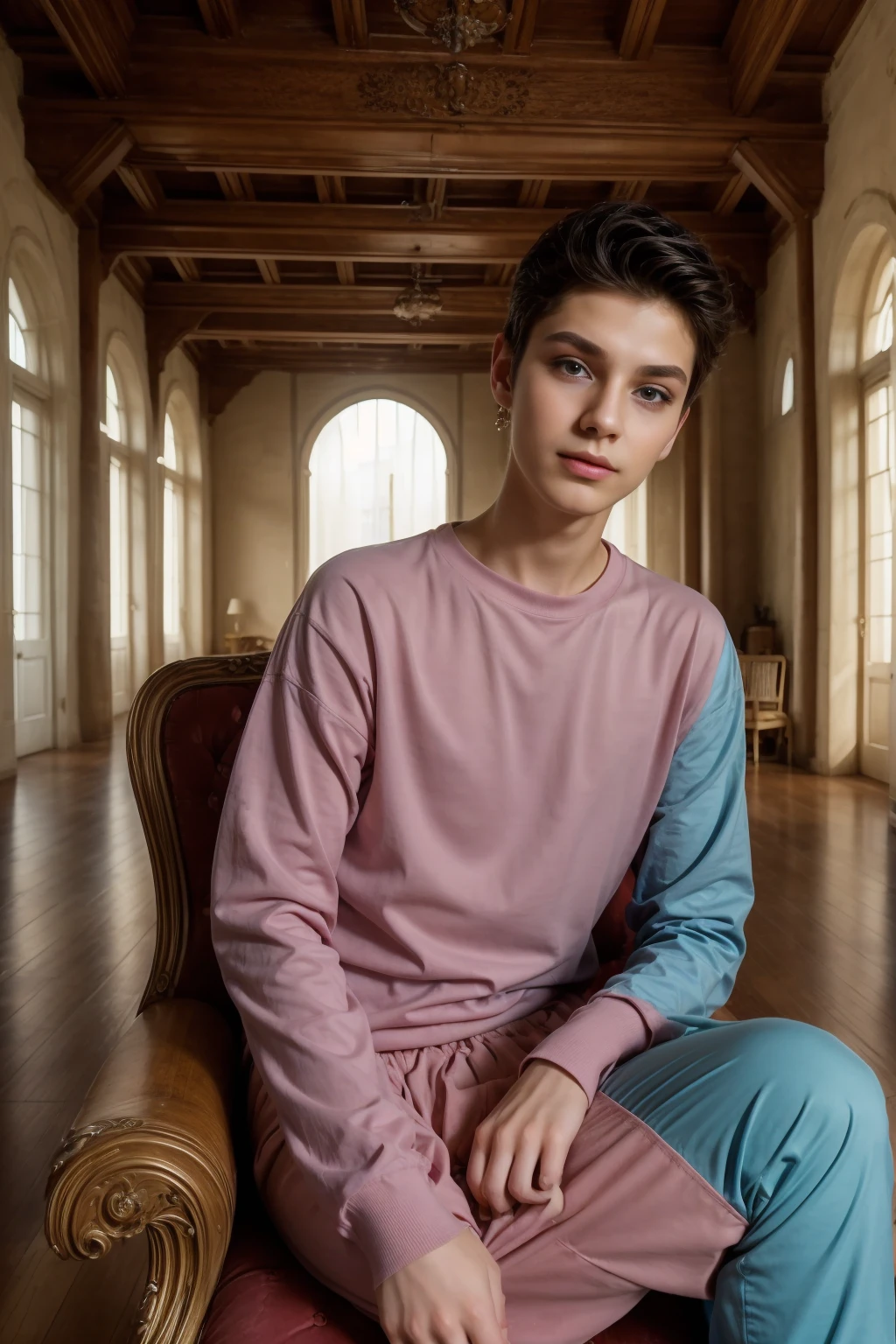 A cute male twink with a face with makeup and black hair, wearing a long-sleeved pink shirt and aqua blue pants, in the historic palace, sitting on a luxurious chair.