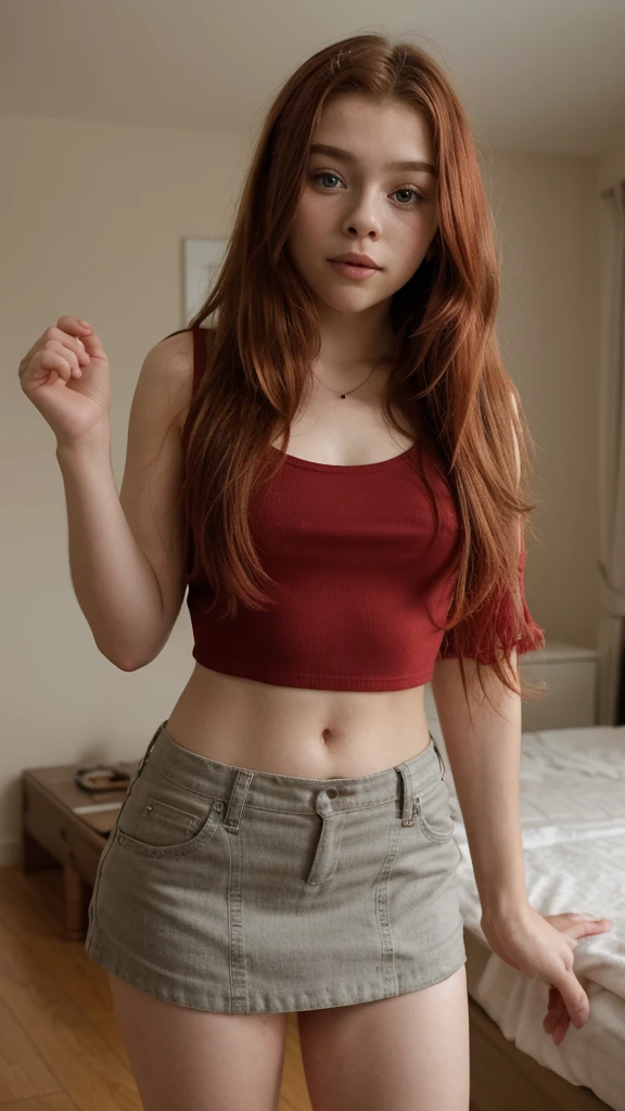 Foto hiperrealista en primer plano de Willa Fitzgerald, masterpiece, best quality, (photorealistic:1.5), full body, (loose red short t-shirt :1.5), a few buttons of the shirt are open, sunny day, cinematic light, beautiful woman, skinny, small and great breasts, straight brown hair, detailed face, sexy facial expression, photo taken from a distance, age 15, half naked, nude, no bra, sexy look, erotic, smaller nipples, sexy college girl, professional lighting, professional quality, hd, 8k, broad shoulders. Great legs, on the red bed, magnificent body proportions, look at the camera, nsfw. I want to kiss you