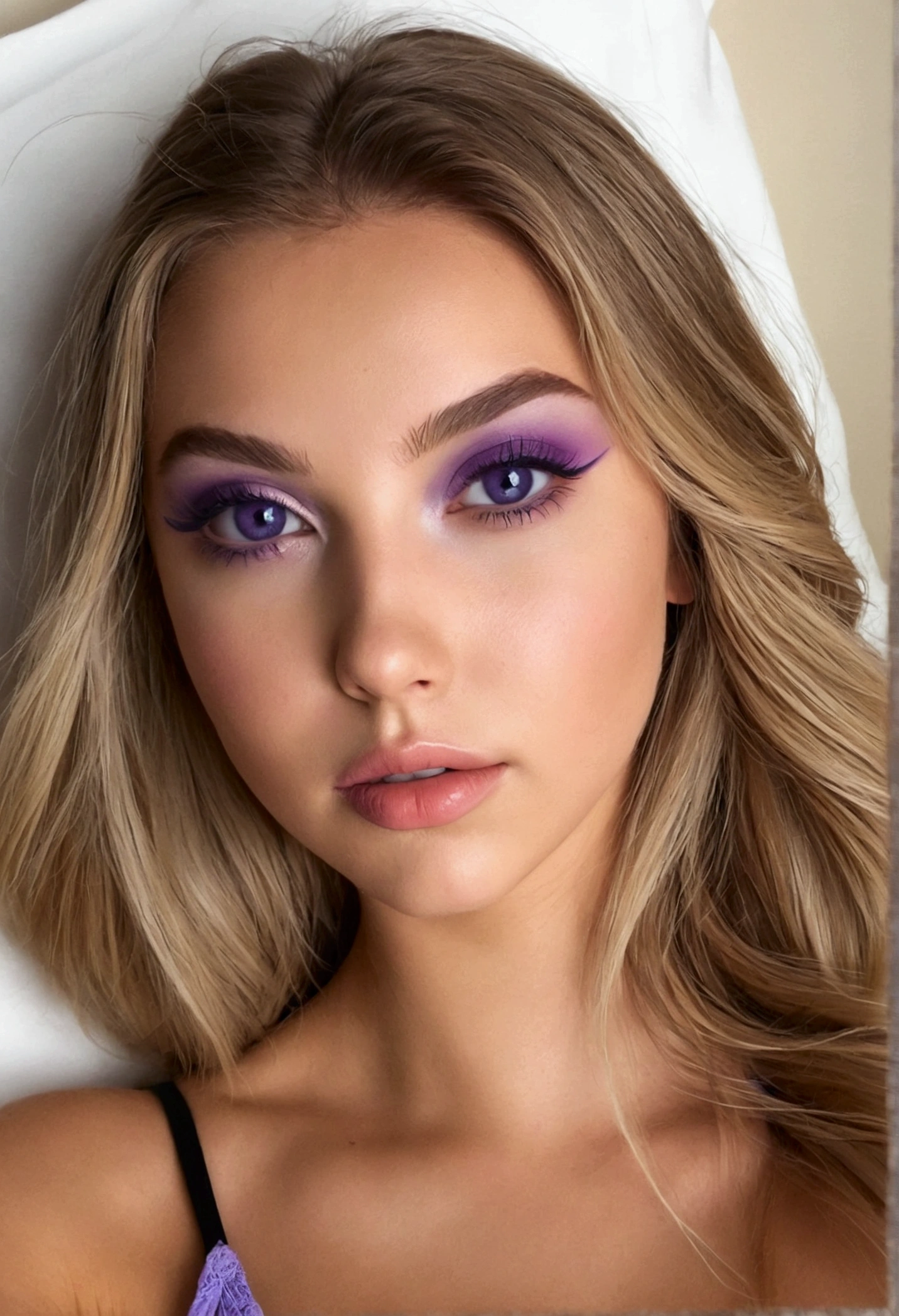 arafed femme pleinement , fille sexy aux yeux bleus, ultra réaliste, Méticuleusement détaillé, portrait sophie mudd, cheveux blonds et grands yeux, selfie d'une jeune femme, yeux de la chambre, violette myers, sans maquillage, maquillage naturel, regarder directement la caméra, visage avec artgram, maquillage subtil, superbe photo de tout le corps à genoux sur le lit, en boîte, buste de grande taille, montrer les pieds