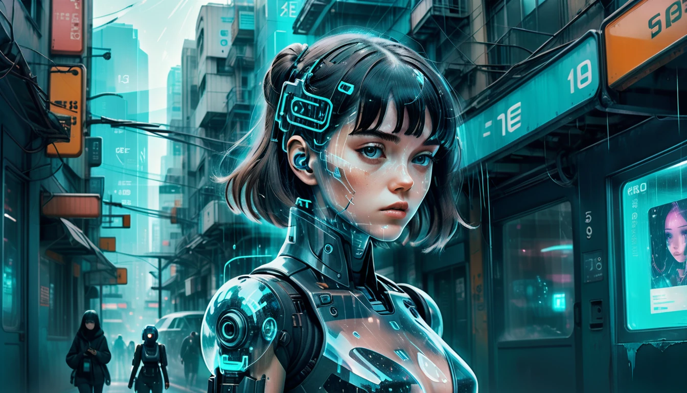 Complex illustrations in surrealist art style，mecha-girl，Futuristic girl，polaroid photograph, filmgrain,  (Cyberpunk:1.3), The new black,(desolving:1.3), (disintegrating:1.3), (disappear:1.3)
Incognito as a virtual hologram person， [European|Korean] Girlfriend says goodbye to the real world, her (Cyan:0.8) The appearance is (Transparent girl:1.3) (fading:1.3) (Numerical solubility:1.3) Into (Code flow:1.3). 
The background is (Numbers Numbers:1.3)