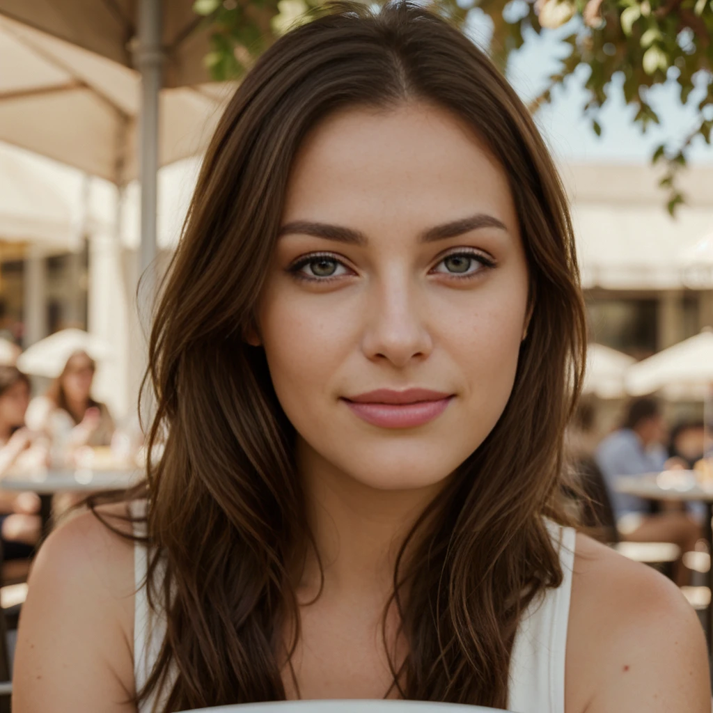 award winning glamour photograph,((best quality)), ((masterpiece)), ((realistic)), piercing eyes, looking straight, very happy, brown hair, in a outdoor cafe, afternoon light,