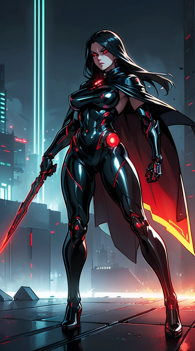 Full body image, (best quality,ultra-detailed,realistic:1.37),woman cyborg,red eyes,evil,anime,huge ,sleek metallic body,expressionless face,glowing circuits,enormous energy blade,mechanical limbs,dystopian city backdrop,neon lights reflection,dark and ominous atmosphere, (Mexican poncho:1.2)