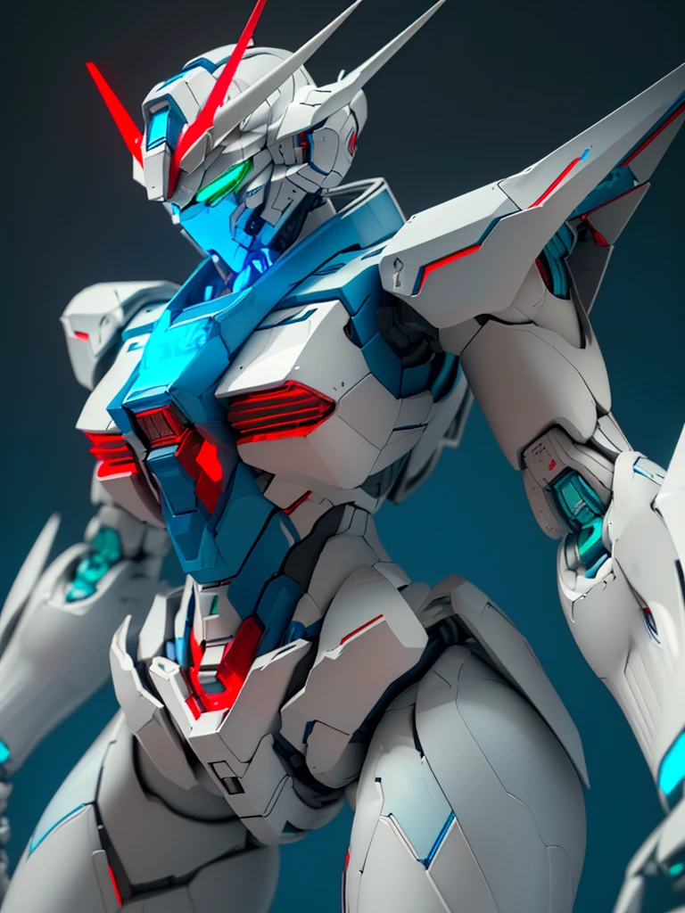 ((masterpiece)), ((best quality)), (high res), ((perfect anatomy)), ((perfect face)), ((giant robot)), ((mecha)), ((female-like bodyshape)), (slim body), (soft edges), ((femenine gundam)), ((white body with blue and red paint)), (green eyes), (((blue LEDs across the body))), ((blue circular core)), (((thick thighs))), ((narrow waist))