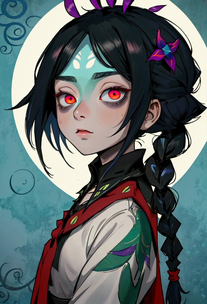 1 neeko (smooth lighting), ((Beautiful eyes))30mm lens,wide shot layout,wednesday addams BREAK 12years old,black hair,pale skin,red eyes,jitome,hollow eyes, half-closed eyes,detailed eyes,beautiful eyes,hair ornaments at hexagram,(braid),ashamed,troubled expression,best quality,ultra-detailed,(masterpiece),sweat,looking away, In old hotel