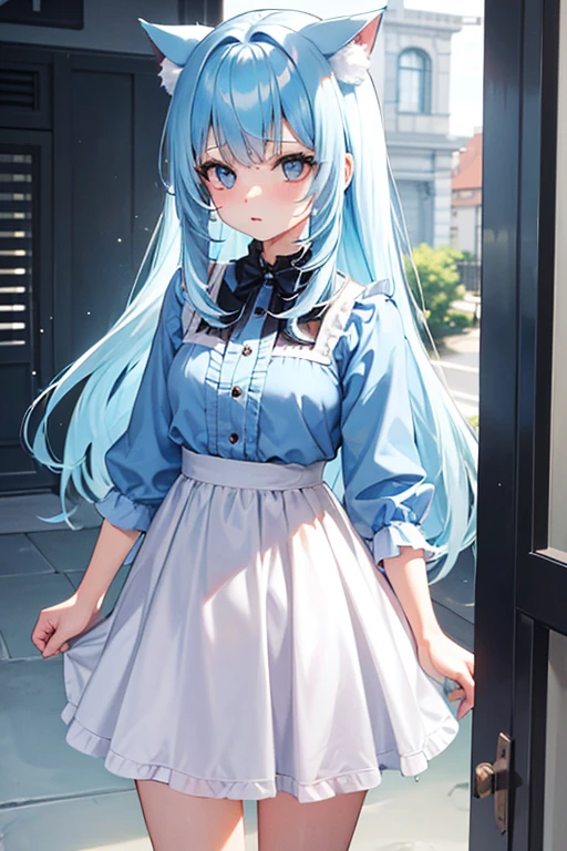 A girl living in the near future,She has light blue hair(Pastel colored hair),Her hair is like a cat's,Wearing headphones,With blue Wearing a black mini dress,Thighs,Black socks of different lengths,Platform boots,She wields a giant sword,Cyber World,Formula,She might be an android,I'm sitting in a building and looking,A little sad look,Carrying a blue cube,She is strong and kind,high resolution,high quality,メイド服を着る
