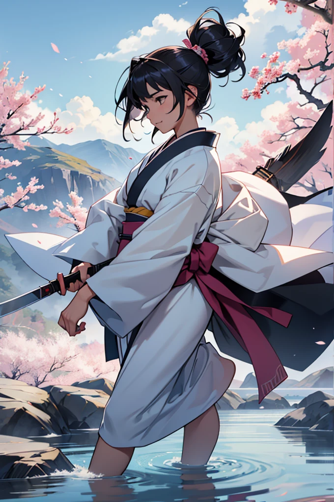 character description: Young Girl with Fans
front view:
name: Aiko Harada Age: years
Appearance:
- Aiko is a young woman of medium height, with about 1,60m tall and a slender, graceful figure.
- His hair is black and long, reaching up to the waist, usually tied into a high ponytail with a white ribbon.
- His eyes are large and deep brown, reflecting a mix of determination and serenity.
- Your face is delicate, with soft features and a calm smile that contrasts with his deadly skill in combat.
outfit:
- Aiko wears a white kimono adorned with delicate pink cherry blossoms, symbolizing the beauty and ephemerality of life.
- The kimono is tied with an obi (range) light pink, with patterns of clouds and mountains, representing the harmony and strength of nature.
- Its sleeves are long and flowing, allowing freedom of movement while adding a fluid grace to your movements.
- Wear traditional wooden sandals (can) with white tabi socks, that cover your feet and ankles.
Fixtures:
- Aiko fights with two war fans, called tessen, made of fine steel and adorned with designs of dragons and cherry blossoms. Fans are both weapons and dance instruments, used to block and attack with precision.
- At the waist, she carries a small silk bag where she stores small projectiles (shuriken), which she casts with deadly precision.
- She also has a kunai hidden in her obi, used for hand-to-hand combat situations.
side view:
- Sideways, Aiko displays an elegant and confident posture. The kimono adjusts gracefully to your body, allowing fluid and precise movements.
- The war fans are seen in profile, highlighting their sharp blades and the way Aiko holds them with dexterity and agility.
- Hair tied in a high ponytail sways gently with your movements, adding a touch of dynamism to your presence.
- What long hair do you want