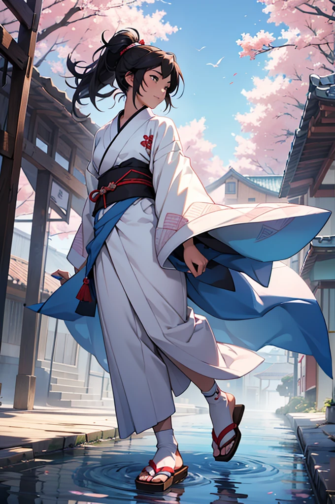 **character description: Young Girl with Fans**
**front view:**
name: Aiko Harada Age: 16 years
Appearance:
- Aiko is a young woman of medium height, with about 1,60m tall and a slender, graceful figure.
- His hair is black and long, reaching up to the waist, usually tied into a high ponytail with a white ribbon.
- His eyes are large and deep brown, reflecting a mix of determination and serenity.
- Your face is delicate, with soft features and a calm smile that contrasts with his deadly skill in combat.
outfit:
- Aiko wears a white kimono adorned with delicate pink cherry blossoms, symbolizing the beauty and ephemerality of life.
- The kimono is tied with an obi (range) light pink, with patterns of clouds and mountains, representing the harmony and strength of nature.
- Its sleeves are long and flowing, allowing freedom of movement while adding a fluid grace to your movements.
- Wear traditional wooden sandals (can) with white tabi socks, that cover your feet and ankles.
Fixtures:
- Aiko fights with two war fans, called tessen, made of fine steel and adorned with designs of dragons and cherry blossoms. Fans are both weapons and dance instruments, used to block and attack with precision.
- At the waist, she carries a small silk bag where she stores small projectiles (shuriken), which she casts with deadly precision.
- She also has a kunai hidden in her obi, used for hand-to-hand combat situations.
**side view:**
- Sideways, Aiko displays an elegant and confident posture. The kimono adjusts gracefully to your body, allowing fluid and precise movements.
- The war fans are seen in profile, highlighting their sharp blades and the way Aiko holds them with dexterity and agility.
- Hair tied in a high ponytail sways gently with your movements, adding a touch of dynamism to your presence.
- What long hair do you want