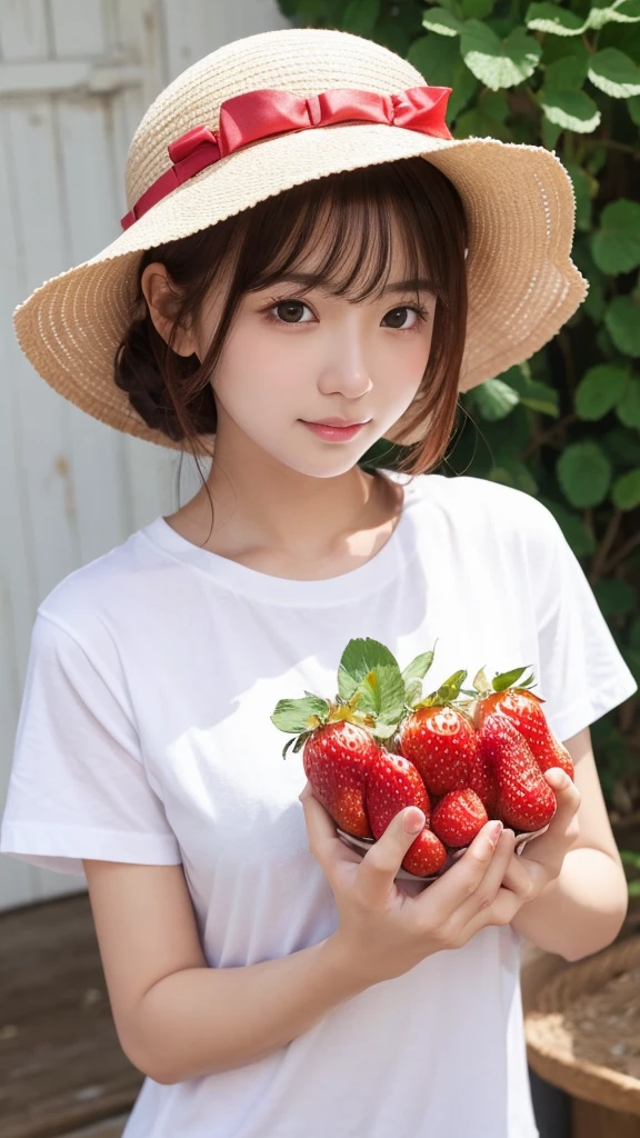 (1 Japan Female)、(((Full body photo))),((Erotic look)),top-quality, masterpiece, ,The ultra -The high-definition,(((Portrait photos)))、 (photorealisim: 1.4),(((Photo from the knee up))),(((A smile))),(((gazing at viewer))),(((Beautiful))),(((taut breasts))) ,Black hair, (((String bikini with fancy strawberry print))),((poneyTail,)) F/1.8, Raw photography, Beauty Japan, A hyper-realistic、Beautiful Japan Woman、Highly detailed face, Highly detailed eyes, 二重まぶた, highly detailedskin, extremely detailed fingers, highly detailed nose, highly detail mouth, Perfect Anatomy, Vivid and highly detailed textures