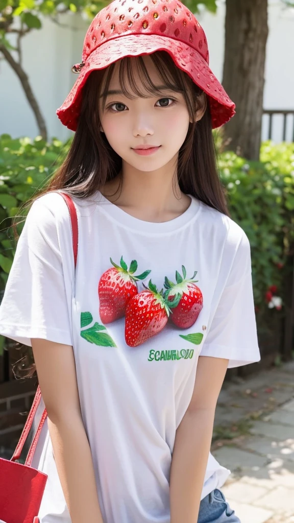 Strawberry hat、White T-shirt、Cute、True Face、2nd degree kinship、T-shirt with strawberry text