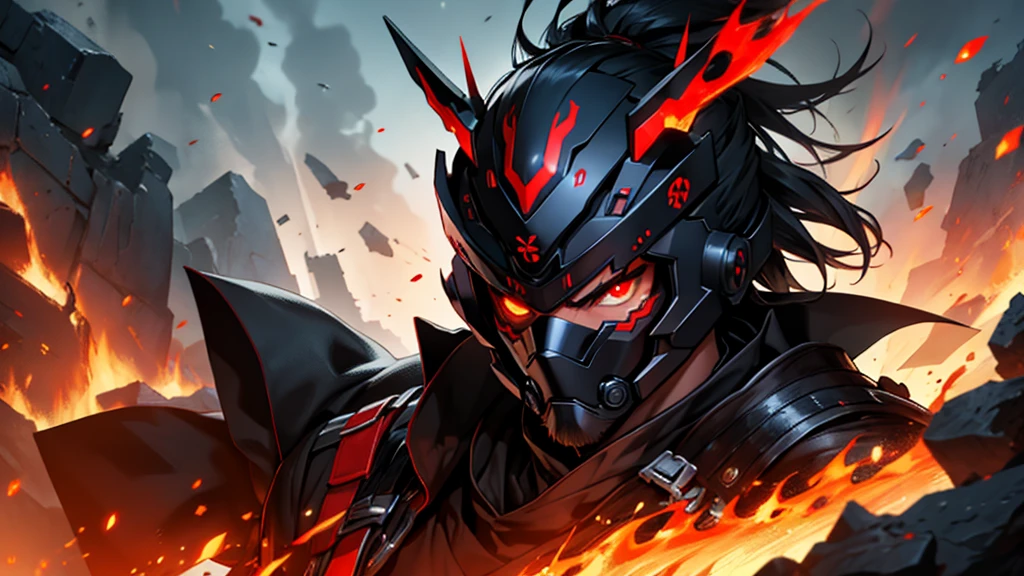 create black cyber samurai with red fire eye and mask in the middle of fire night