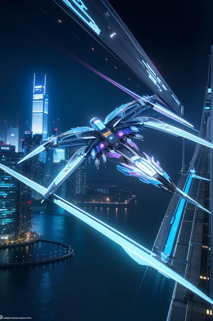 Prompt for Flying Form: "The robot has completed its transformation and is now in its flying form, resembling a highly advanced aircraft. The design retains smooth metal surfaces, vibrant colors, glowing blue accents, and intricate mechanical details. The background continues to depict a futuristic cityscape with advanced technology and flying vehicles."
