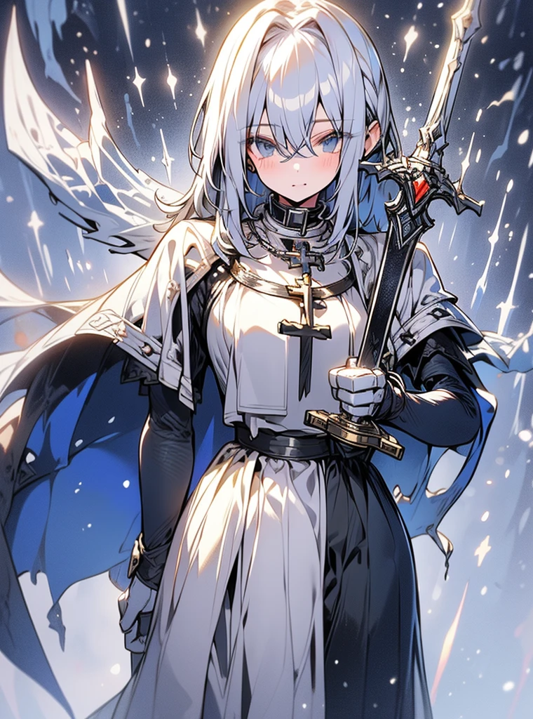 (late afternoon):0.9, (dense atmosphere):0.8, (cold):0.7, (castle):1.2, (medieval):1.1, (hurricane):1.4, (Lightning):1.3, (snowing):1.2, (snow):1.2, (detailed 8k):1.5, a girl, white cloak, long white hair, full body silver armor, tired, masterpiece,mature,slim,tall, (((((holding a holy sword)))))