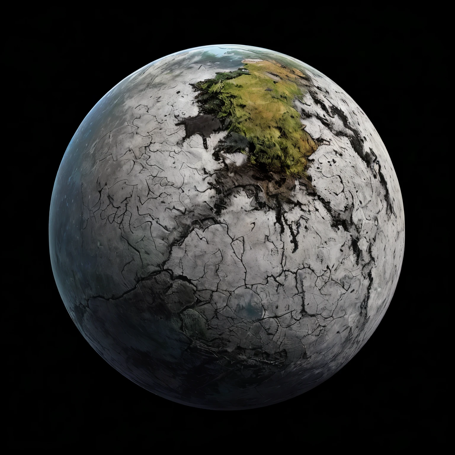(Planet Earth with two contrasting halves)
Visual Description:
Faded and Worn Half:
Representation of a planet devastated by human actions.
Faded colors, shades of gray and brown to symbolize destruction and pollution.
Textures resembling wear, cracks, and desolation.
Green and Vibrant Half:
Representation of a planet where nature has prevailed.
Vibrant colors, especially shades of green to represent healthy vegetation.
Smooth textures and details conveying life, growth, and prosperity.
Composition:
Planet Earth should be centered in the image.
The dividing line between the two halves should be clearly visible, yet natural, as if one half is gradually transforming into the other.
Colors:
Faded half: shades of gray, brown, black.
Green half: vibrant shades of green, with possible touches of blue and other natural colors.
Purpose:
The art aims to convey a message of contrast between the destruction caused by humanity and the resilience of nature.
Inspirations and References:
You can include visual references of worn-out planets and lush, healthy landscapes.