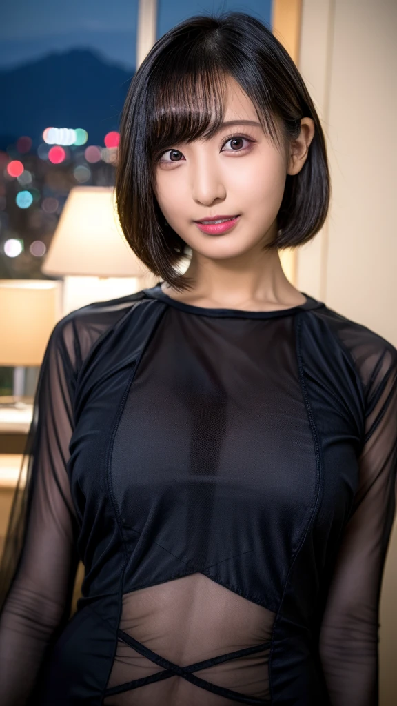 20-year-old, 8K, RAW Portrait (Japanese Girls), photo Realistic, Ultra-high resolution, Highest quality, Actual photo , dramatic, Atmospheric, Realistic,
One girl, a very beautiful Japanese Girls, Glamorous shot of a girl, smile,Bobcut,Textured skin,negligee,(See-through:1.4),underwear,Hotel,(night),lips,Big and beautiful eyes, Beautifully detailed nose,,Big Breasts,View your viewers,