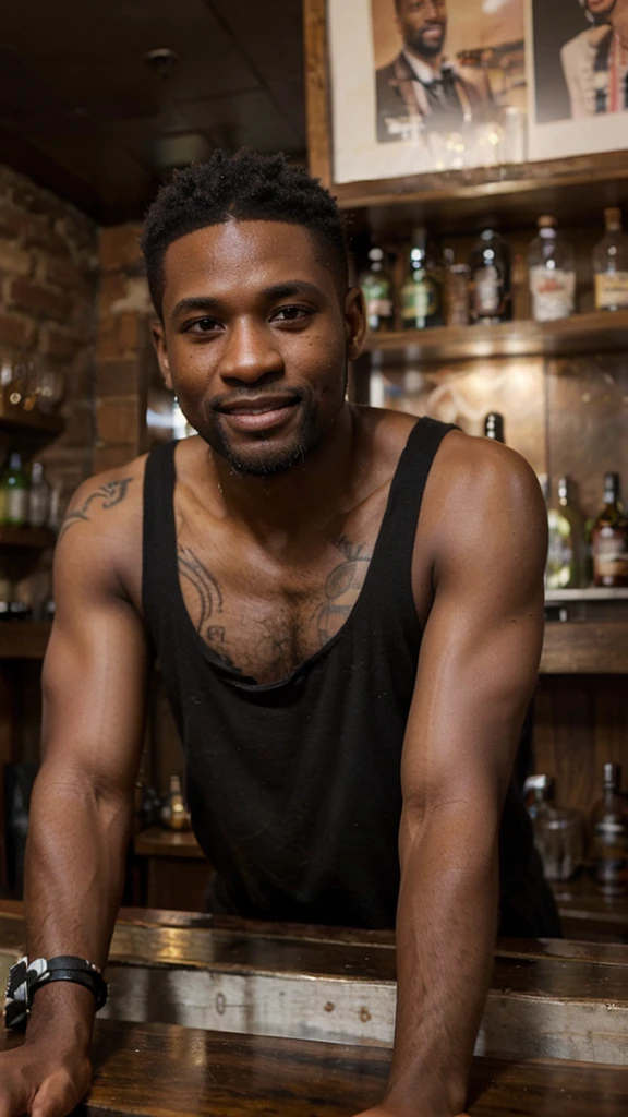 ((long distance shot:1.5)), a black man, small beard, wrinkled, weathered, with piercing eyes, smile, detailed face, high details, drinking cocktail in the bar, bar on the background