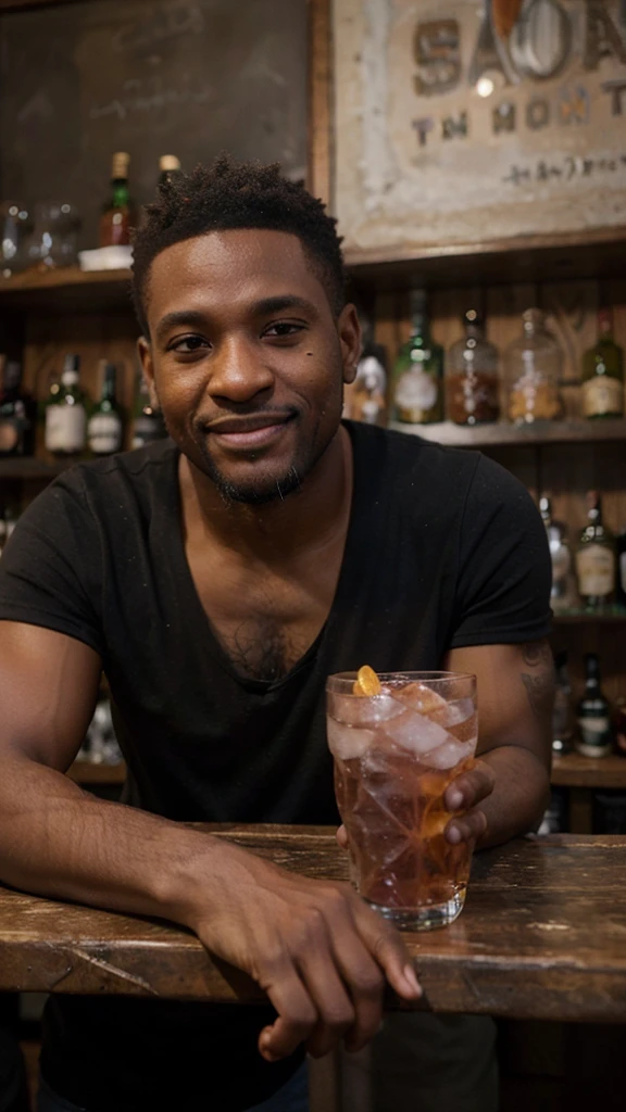 ((long distance shot:1.5)), a black man, small beard, wrinkled, weathered, with piercing eyes, smile, detailed face, high details, drinking cocktail in the bar, bar on the background