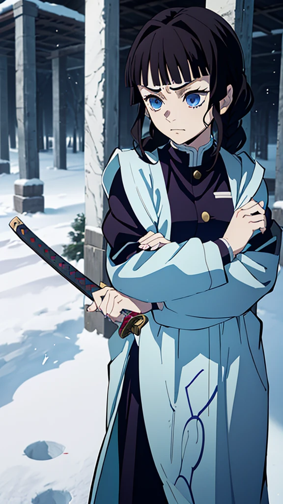 Kimetsu no Yaiba style, 1 mature, girl, blue eyes, a hashira, pretty, long dark brown hair in braids, curtain bangs, annoyed expression, noble, Pillar Demon Slayer, holding a sword, wearing demon slayer uniform, holding a blue demon slayer sword, dark and snowy background