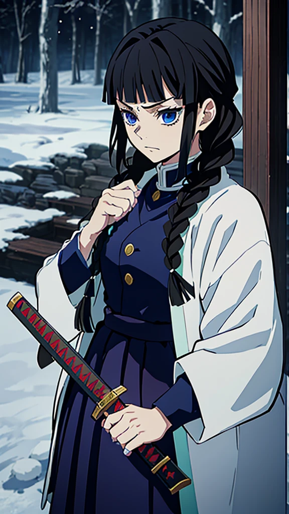 Kimetsu no Yaiba style, 1 mature, girl, blue eyes, a hashira, pretty, long dark brown hair in braids, curtain bangs, annoyed expression, noble, Pillar Demon Slayer, holding a sword, wearing demon slayer uniform, holding a blue demon slayer sword, dark and snowy background
