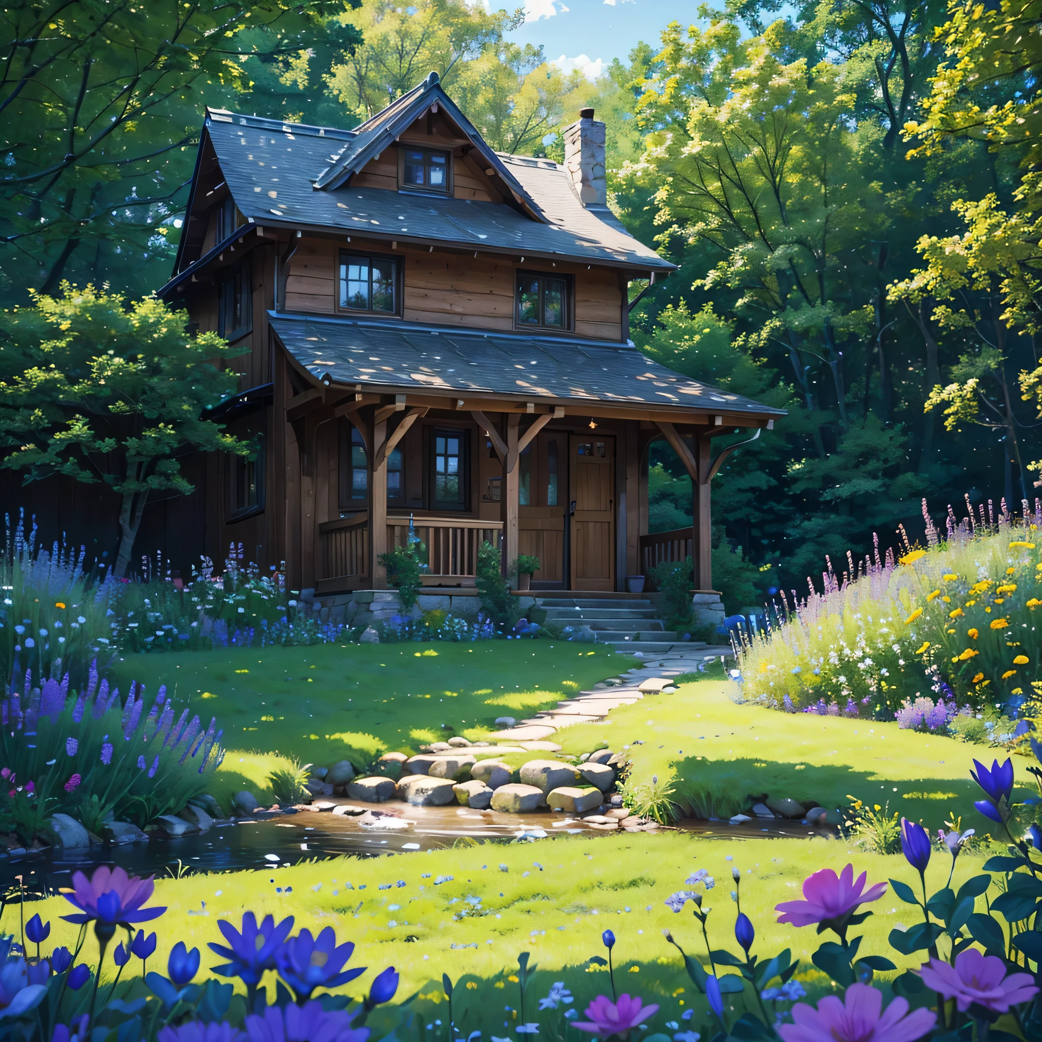 A charming stone cottage in a lush meadow, wildflowers blooming in every direction, with rolling hills in the background. A gentle brook babbles under a quaint wooden bridge, sunbeams streaming through the trees. Birds fly overhead, adding to the warm and inviting atmosphere. (best quality, 4k, 8k, highres, masterpiece:1.2), ultra-detailed, (realistic, photorealistic, photo-realistic:1.37), landscape, natural lighting, vibrant colors, serene.