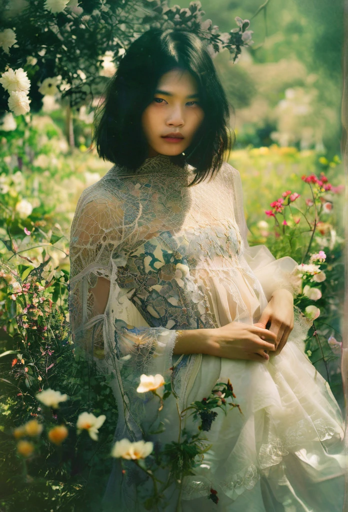 Ethereal Beauty in a Garden, digital art photograph, beautiful asian supermodel's face and body obscured by flowers, looking directly at the camera with lost look and slight smile, lace-trimmed garment, soft lighting, translucent fabrics, ethereal quality, dreamlike atmosphere, subtle colors, natural garden setting, Sally Mann-inspired style.
