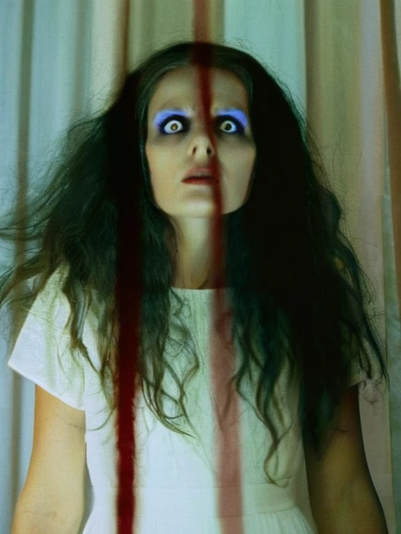 Horror-themed, redcode raw, ARRIRAW,
Best Anamorphic-lens Horror Cinematography 50mm lens f5.6 a possessed woman with a very long flying hair in a room with olive contrast color staring at camera with possessed blue blind eyes Anamorphic format Kodak Motion Picture Film Style, Eerie, unsettling, dark, spooky, suspenseful, grim, highly detailed