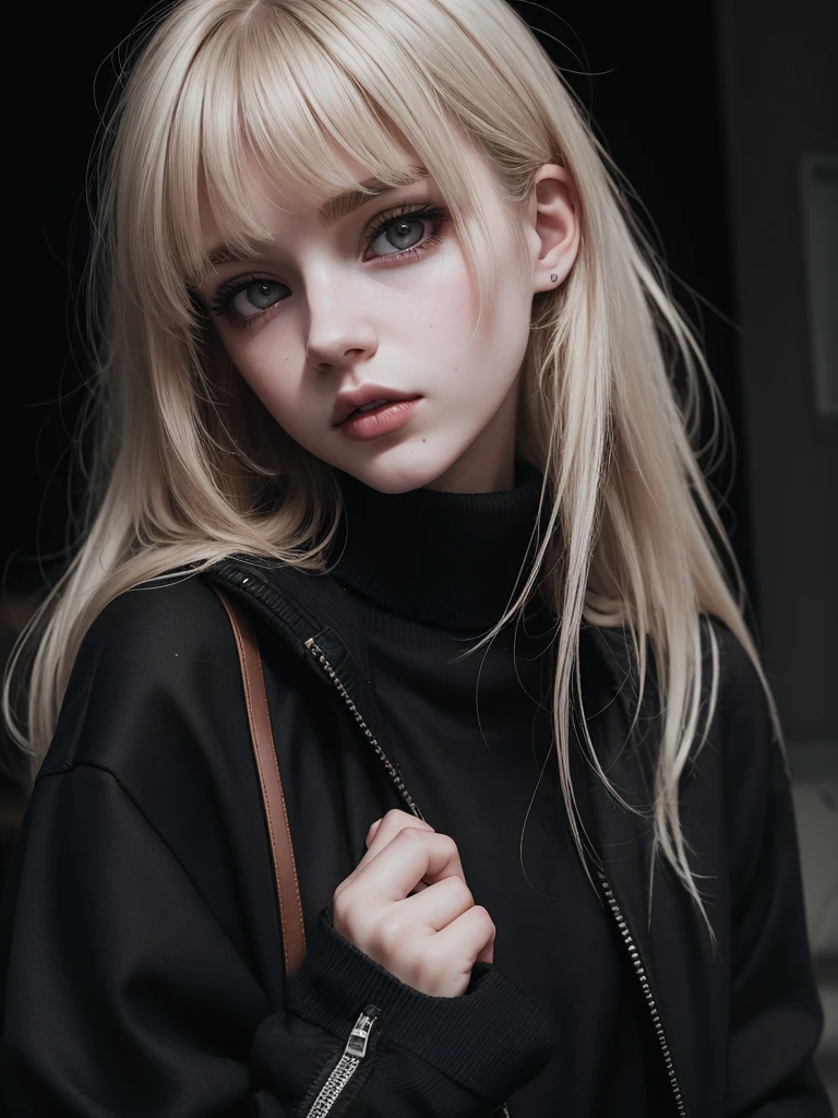 (best quality), 1girl, female, pale skin, (black hair), blonde ombre, medium hair, messy hair, hair over eyes, (brown eyes), perfect eyes, dark circles under eyes, skinny body, , flat chest, goth girl, oversized jacket, turtleneck, ripped jeans, (cat ears), childish, masterpiece, anatomically correct, highres
