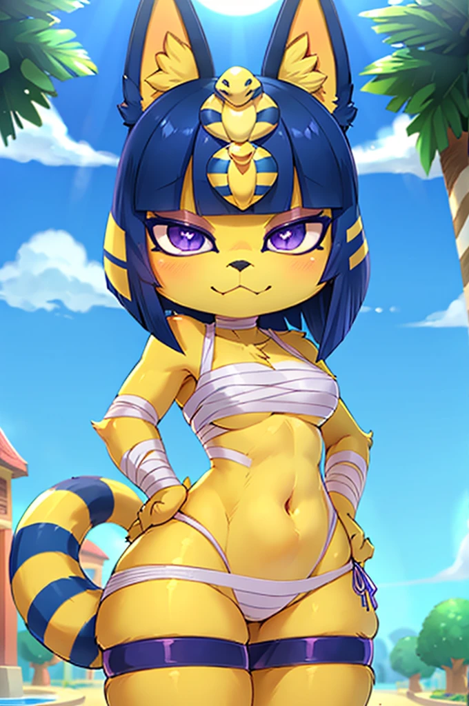 Ankha \(animal crossing\), furry, yellow skin, dark blue hair, lilac eyes, ((bandages bikini)), tail, looking at viewer, :3, smirk, standing, outside, plaza, trees, blue sky, high quality, masterpiece, navel,