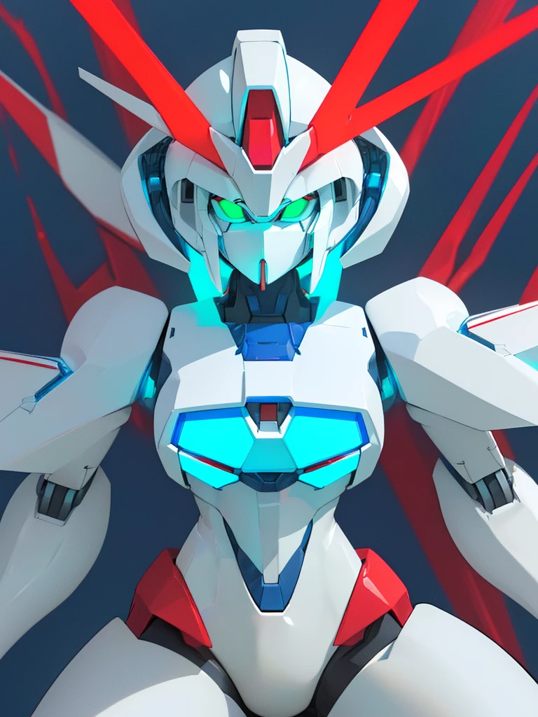 ((masterpiece)), ((best quality)), (high res), ((perfect anatomy)), ((perfect face)), ((giant robot)), ((mecha)), ((female-like bodyshape)), (slim body), (soft edges), ((femenine gundam)), ((white body with blue and red paint)), (green eyes), (((blue LEDs across the body))), ((blue circular core)), (((thick thighs))), ((narrow waist))