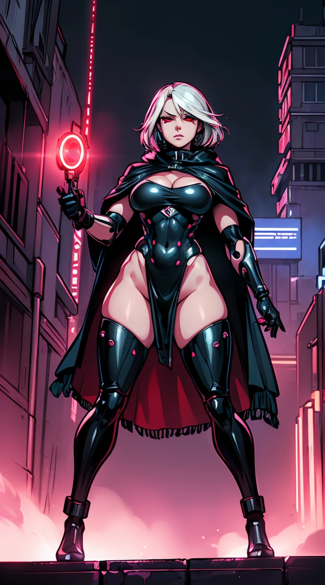 Full body image, (best quality,ultra-detailed,realistic:1.37),woman cyborg,red eyes,evil,anime,huge ,sleek metallic body,expressionless face,glowing circuits,enormous energy blade,mechanical limbs,dystopian city backdrop,neon lights reflection,dark and ominous atmosphere, (Mexican poncho:1.2)