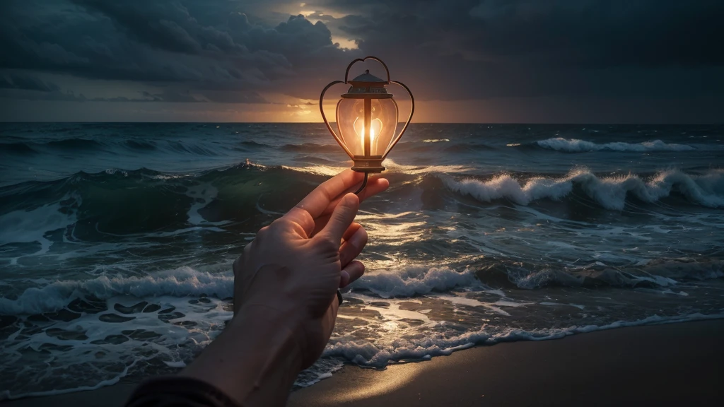 A weathered hand gently holding a glowing lantern that casts a heart-shaped light onto a dark and stormy sea, countless hands reach up from the waves towards the light, a sense of urgency and hope, dramatic, romanticism style