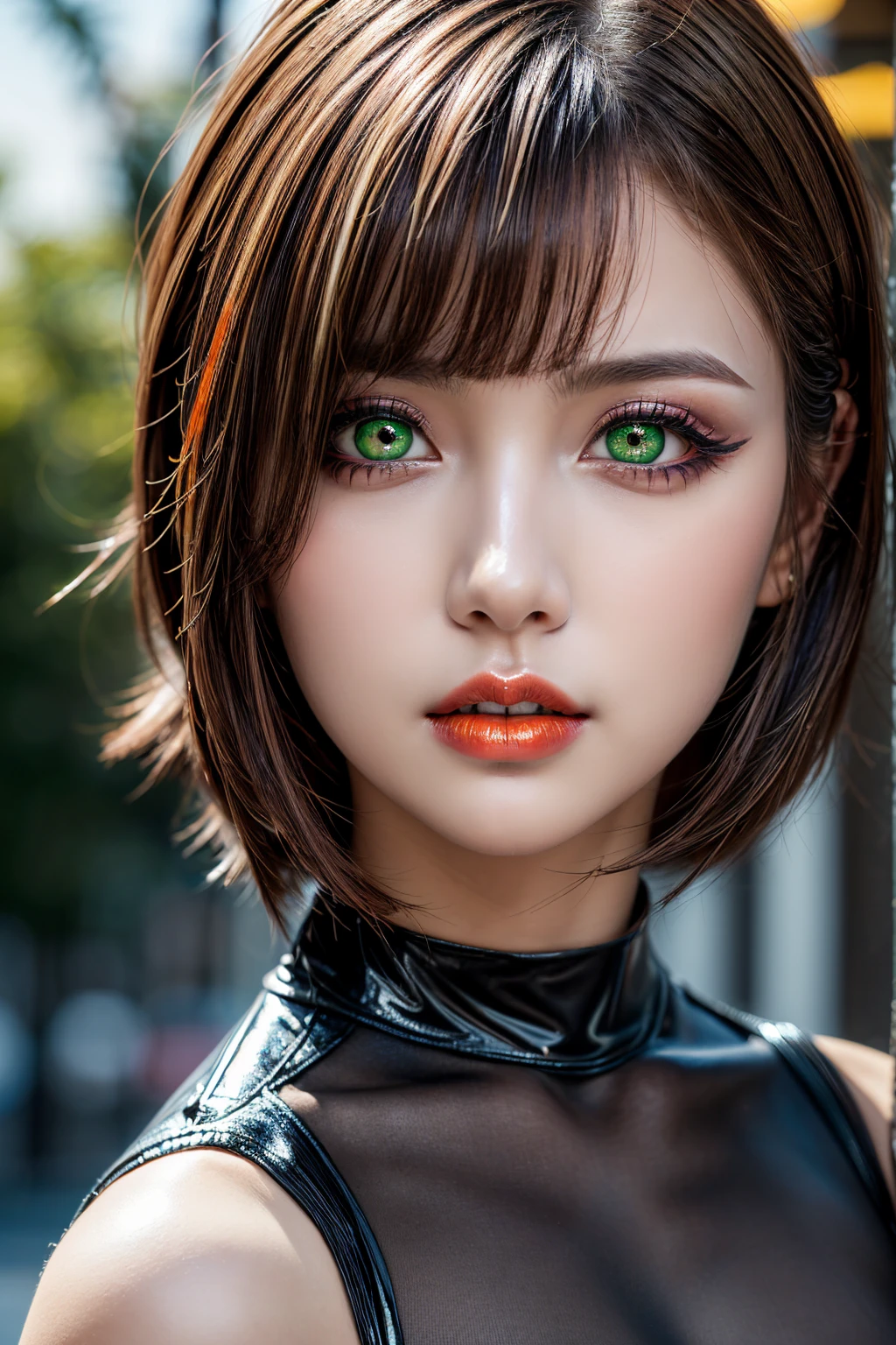 photorealism 16K realism, (Hyper-realistic proportional body, anatomically correct:1.3), ((ultra-fine digital art)), ((intricately detailed beautiful face)), (light pale complexion). BREAK, ((small round head)),(high detailed realistic Super beautiful slim and sharp-face), (best highest detailed realistic green_eyes:1.25), (Hyperrealistic - sharp real human eyes), (tired and sleepy and satisfied:0.0), (((close up of a woman's eyes:1.25)), perfect round eyes, ((finely detailed big pupils)),BREAK,detailed lips:1.3,pink_makeup:1.22, (long_blue_eyeliner:1.28), (red_lipstick:1.35),((perfect dark_eyeshadows:1.4)), (super detailed professional makeup on eyes:1.2), (Detailed nose:1.2), (best high quality real texture skin:1.3), ((red hair:1.25, ((bangs combed to the side)), intricately details:1.35)), beautiful cheekbones, dramatic lighting, ((perfect composition)), pale skin, ((dry skin)), only 1 female, petticoats, ((high neckline)), ((lace ultra details))), (details embroidery), (Intricately detailed workmanship), ((unconventional skirt, transparent PVC in the shade of ORANGE:1.3)), ((Shiny ORANGE Transparent Holographic Full Bodysuit: 1.2)), cinematic light, detailed background of a large park with trees, dynamic pose, ((no decorations in the hair)), (dark shot:1.1), (firm normal full breasts), 