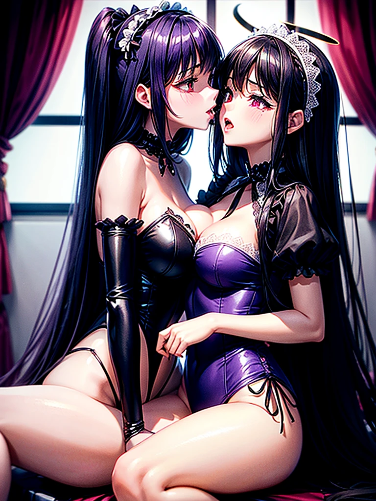 Highest quality,Highest Resolution,A beautiful black-haired girl with beautiful eyes in a maid leotard and a beautiful purple-haired girl with beautiful red eyes in a gothic ta leotard are having sex in the sitting position,kiss,saliva,Halo,Tears,