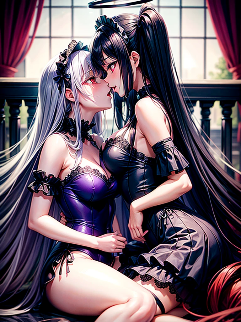 Highest quality,Highest Resolution,A beautiful black-haired girl with beautiful eyes in a maid leotard and a beautiful purple-haired girl with beautiful red eyes in a gothic ta leotard are having sex in the sitting position,kiss,saliva,Halo,Tears,