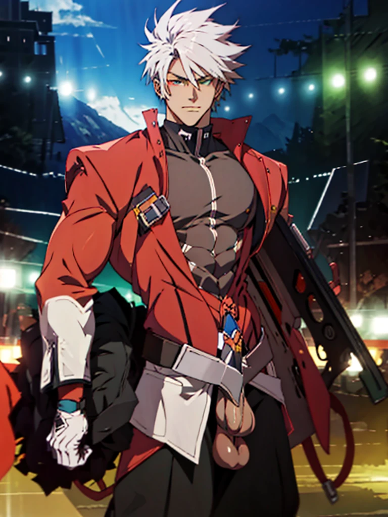 (masterpiece, best quality:1.2), 1boy, solo, bara, penis, muscular, erection, biceps, fullbody, large pectorals, big muscles, thick, ragna the bloodedge, red eyes, green eyes, heterochromia, white hair, short hair, spiked hair, 1boy, red jacket, open jacket, black shirt, belt, black gloves, black hakama, 4k, unzipped pants, penis out of pantsm awesome muscles, very buffed, thick arms, 