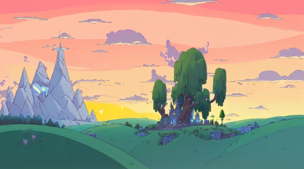 cartoon of a castle with a giant tree in the middle of a field, adventure time cartoon, adventure time colour palette, adventure time, in the world of adventure time, from rick and morty, adventure time style, style of rick & morty, greg ], high quality desktop wallpaper, forestpunk background, in rick and morty art style, an epic landscape, cartoon network stillframe, lofi art, night, Glittering starry sky, By Makoto Shinkai, Makoto Shinkai's style，Detail enhancement,a Shiba Inu which standing