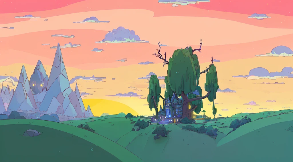 cartoon of a castle with a giant tree in the middle of a field, adventure time cartoon, adventure time colour palette, adventure time, in the world of adventure time, from rick and morty, adventure time style, style of rick & morty, greg ], high quality desktop wallpaper, forestpunk background, in rick and morty art style, an epic landscape, cartoon network stillframe, lofi art, night, Glittering starry sky, By Makoto Shinkai, Makoto Shinkai's style，Detail enhancement,a Shiba Inu which standing