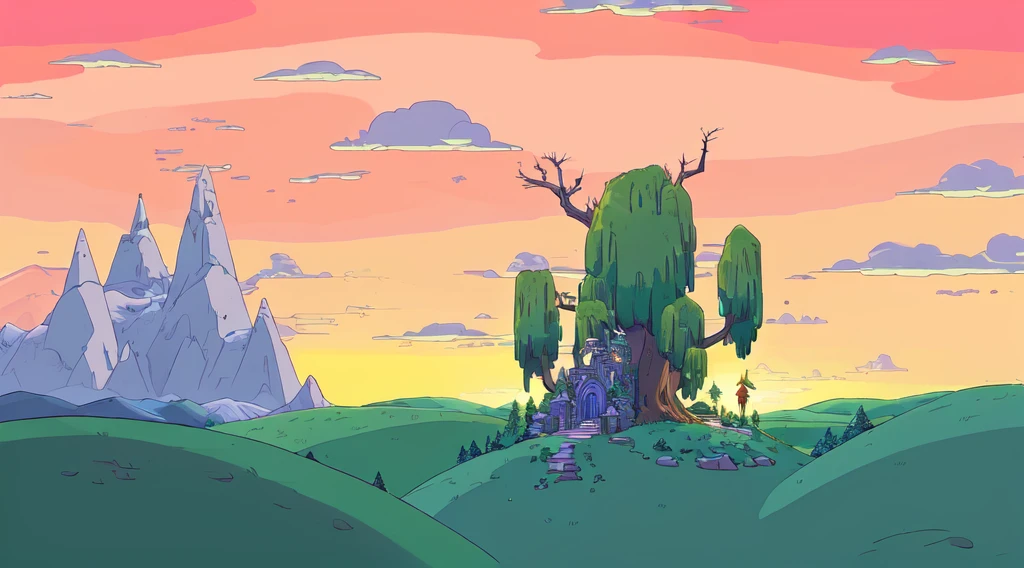 cartoon of a castle with a giant tree in the middle of a field, adventure time cartoon, adventure time colour palette, adventure time, in the world of adventure time, from rick and morty, adventure time style, style of rick & morty, greg ], high quality desktop wallpaper, forestpunk background, in rick and morty art style, an epic landscape, cartoon network stillframe, lofi art, night, Glittering starry sky, By Makoto Shinkai, Makoto Shinkai's style，Detail enhancement,a Shiba Inu which standing
