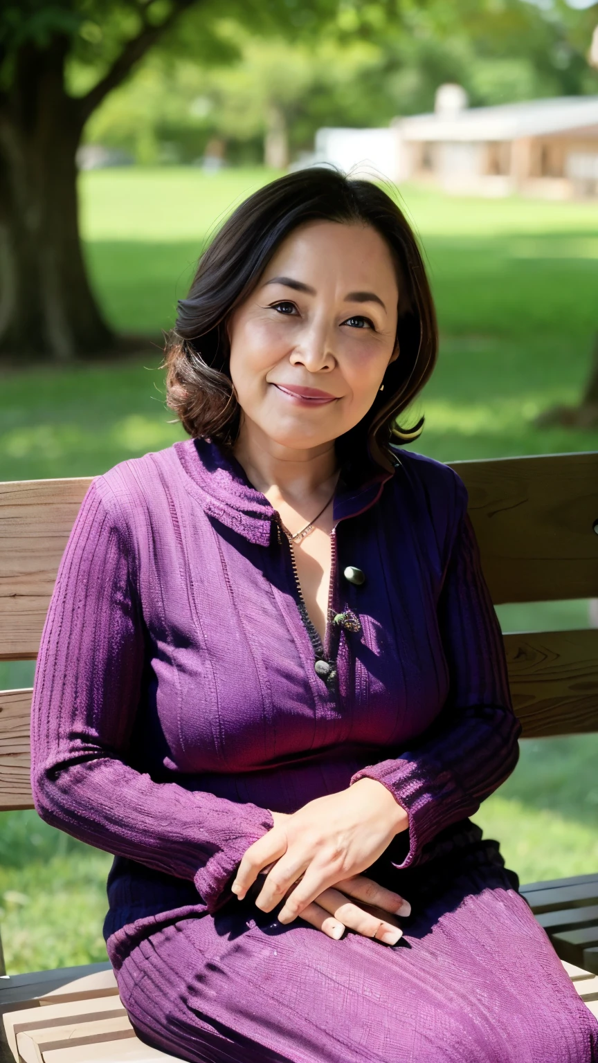 最high quality, In 8K, Masseter region, Genuine, Sharp focus, high quality, High resolution, Detailed face, fine grain, Thick lips, Background Blur, alone, Middle-aged women, , 65 years old, , Wavy Hair, Cleavage, Wearing a plain short-sleeved knit, sitting on a park bench, Wrinkles around the eyes, Smiling with teeth showing