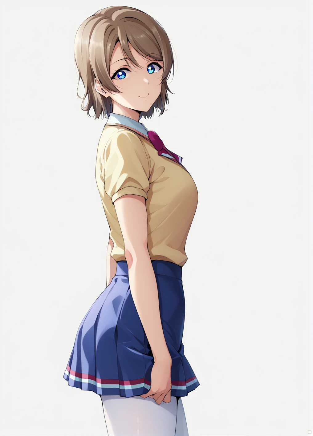 front、Ultra-detailed illustrations、Ultra-precise expression、masterpiece、Highest quality、ultra High resolution、High resolution、Hiromitsu Takeda Style、Angle from the side、White background、Simple Background、Character portrait、One girl、solo、you watanabe, short hair, blue eyes, brown hair,、mini skirt、White tights、