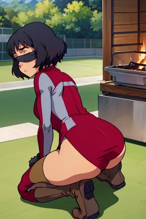 tennis girl's massive rear butt cheeks out of bottomless slutty mini sweater out bare and brown boots, kneeling, wearing oven mittens behind head, blindfold