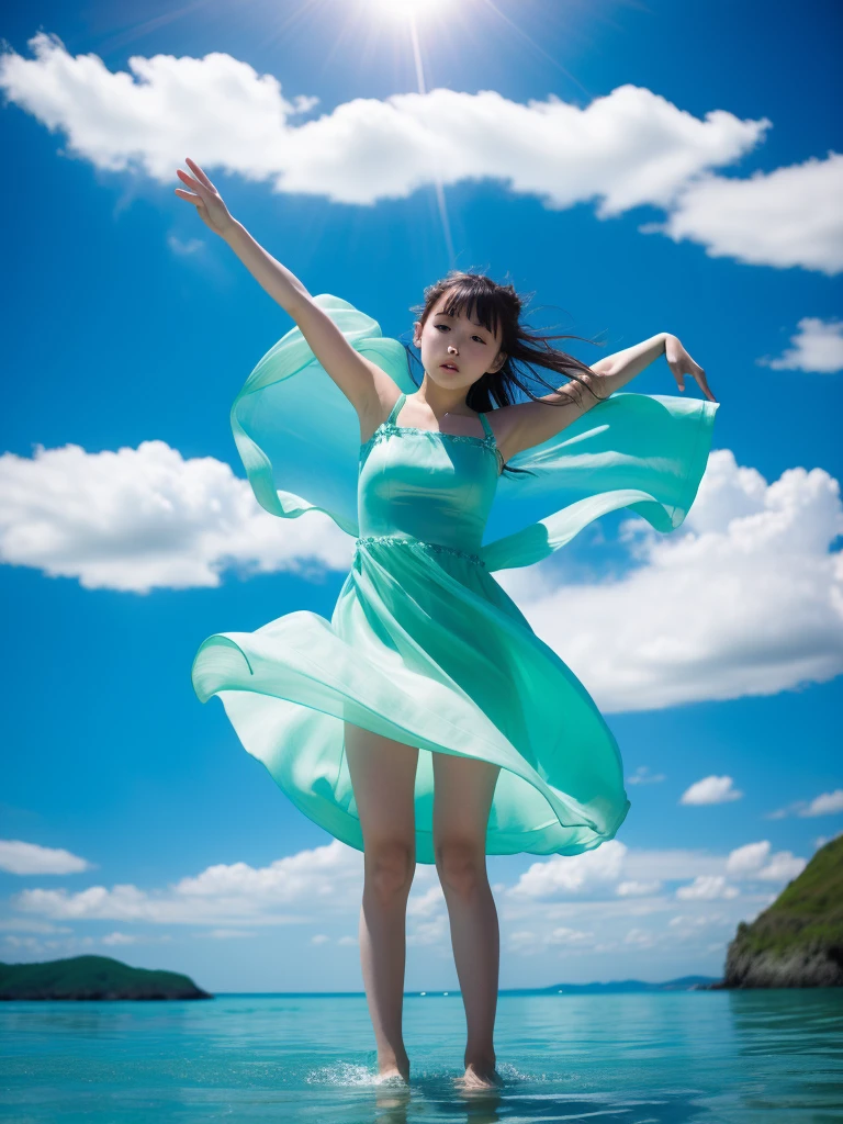 A dress made of transparent jelly, dancing in the wind, a Japanese girl, a land of water,