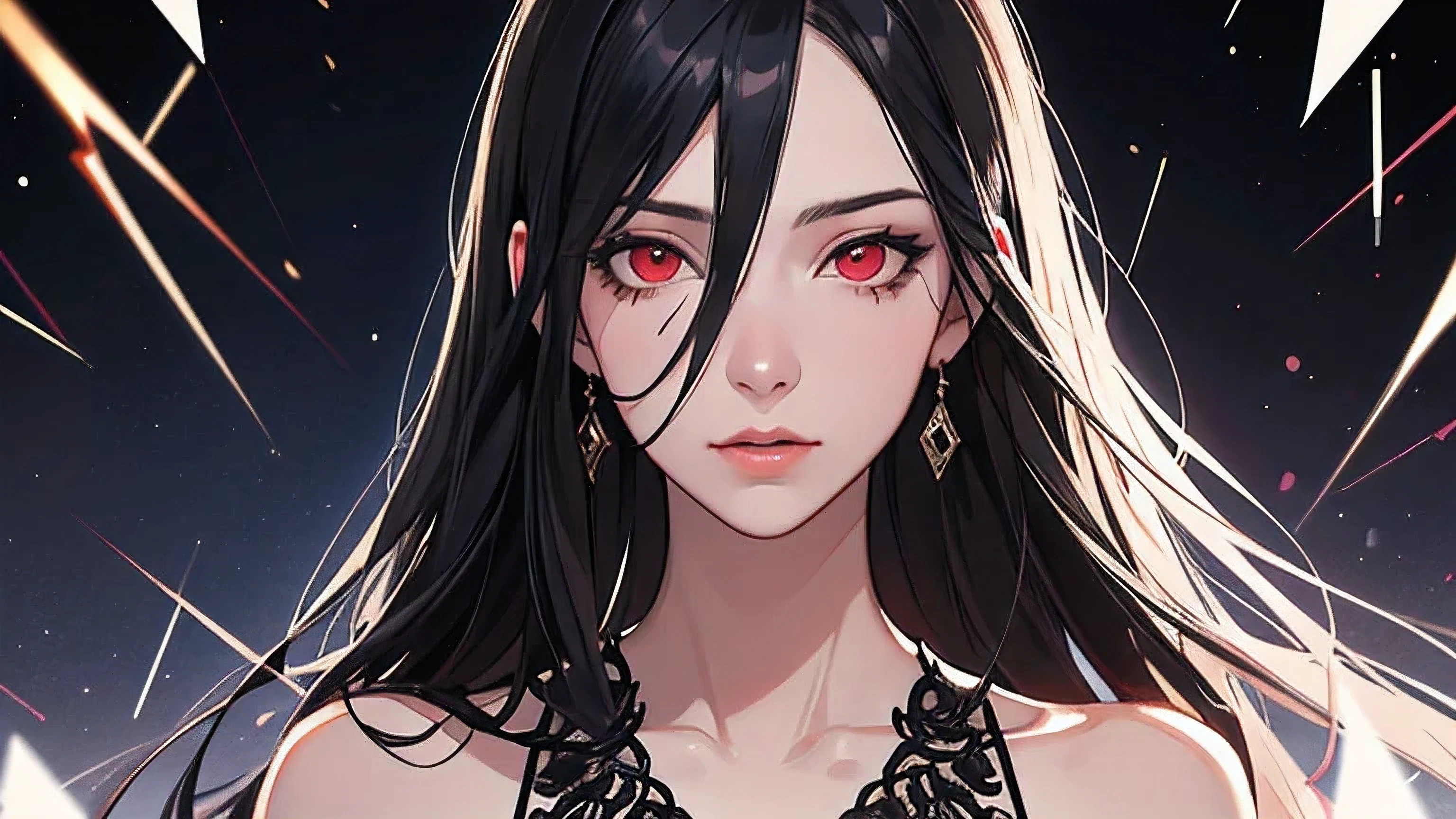 (Detailed background,dark fantasy), (Beautiful and delicate face), high contrast, (best lighting, extremely delicate and beautiful), ((film light)), rich and colorful, Ultra-detailed, dramatic light, intricate details, (1 girl, alone,black hair, Pointed face,Red eyes, hair between eyes,Dynamic angle), blood spatter, Black light swirling around the character, depth of field,black light particles,(shattered glass),