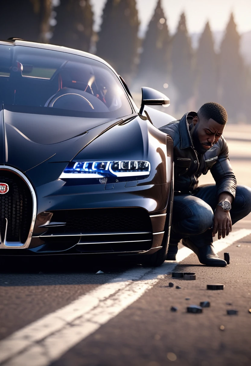 side angle view of a black man on his knees crying next to his bugatti with a punctured tyre, 32k, ultra HD, unreal engine rendered, cinematic lighting,