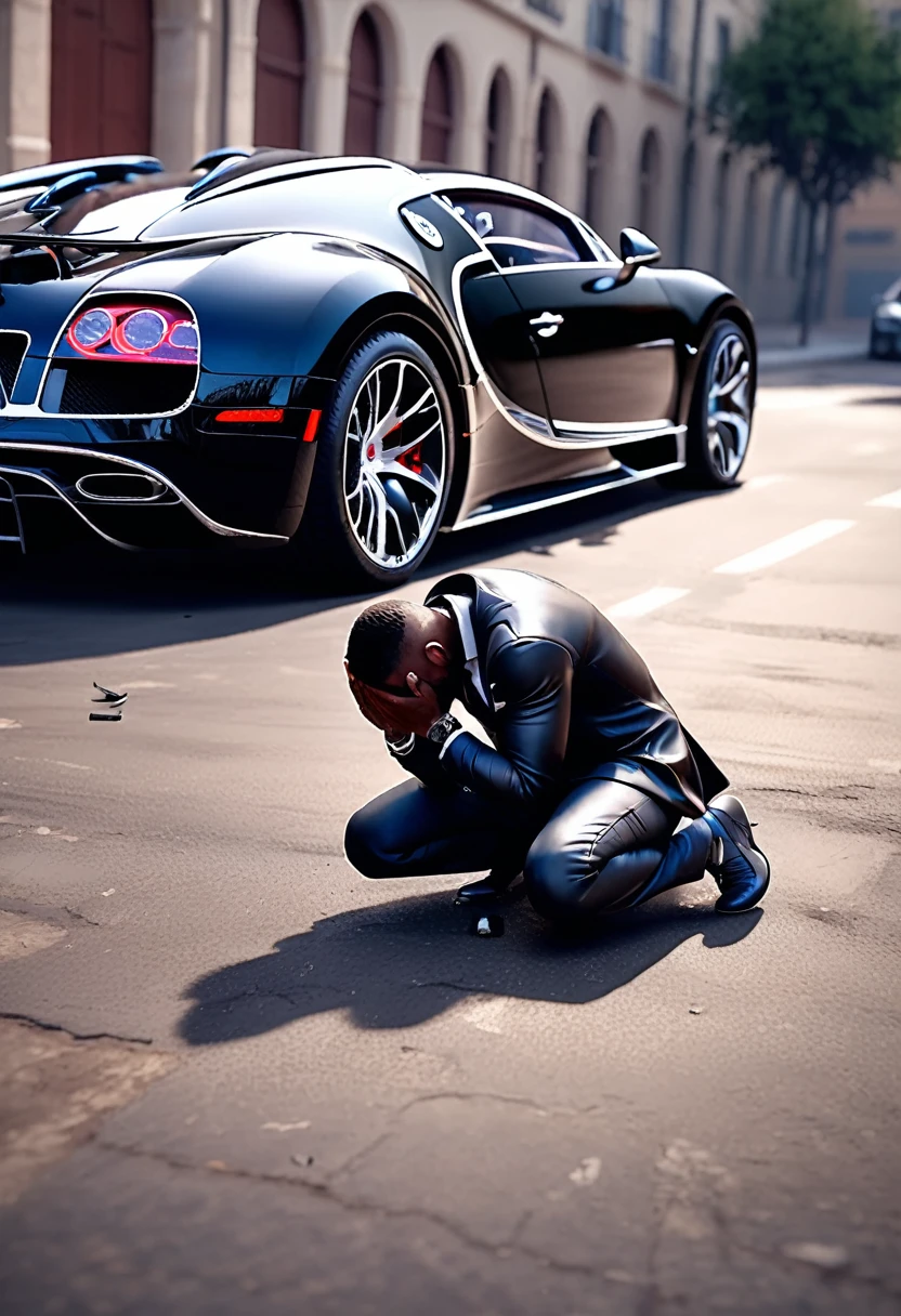 side angle view of a black man on his knees crying next to his bugatti with a punctured tyre, 32k, ultra HD, unreal engine rendered, cinematic lighting,