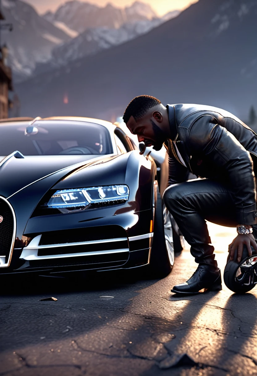 side angle view of a black man on his knees crying next to his bugatti with a punctured tyre, 32k, ultra HD, unreal engine rendered, cinematic lighting,