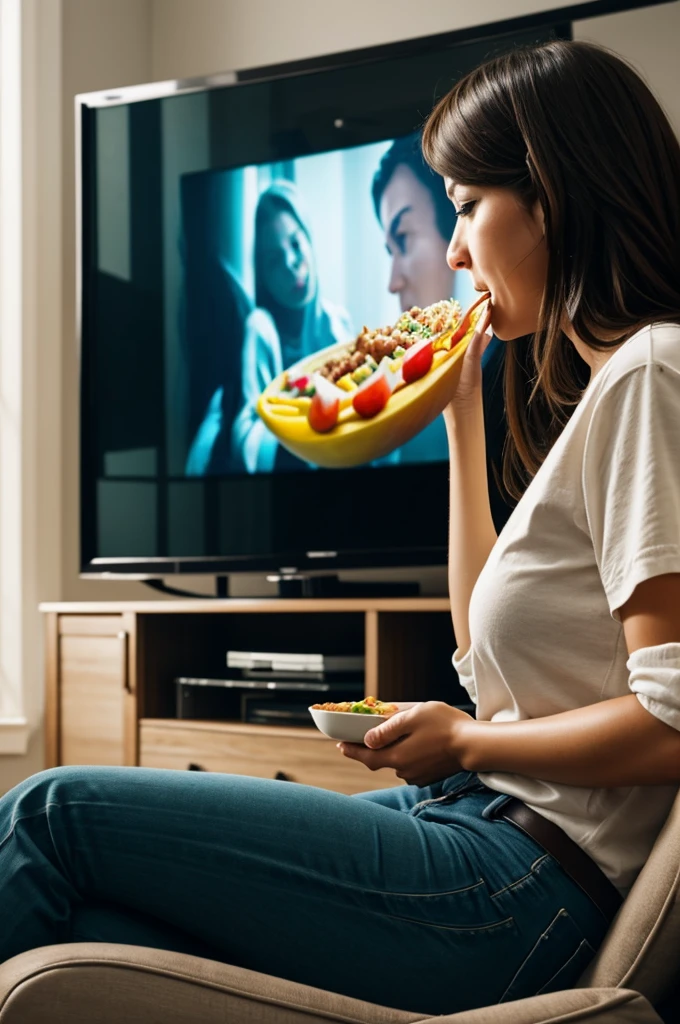 Create an image of a person watching TV while eating