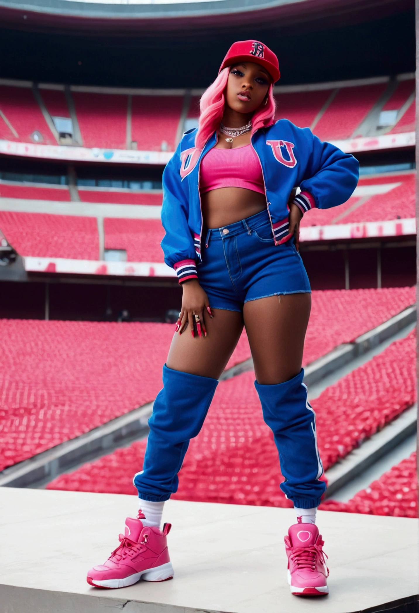 A rapper girl inside a stadium on top of a stage wearing a blue and red jacket with her having a pink cap and having pink eyes with some red details Wearing dark blue pants and white shoes, she has pink nails and black skin. Big  and a huge ass and big giant thighs and huge hips 